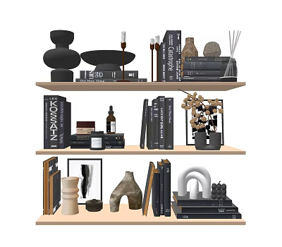 Stylish Decorative Ornament Set With Books Vases Sculptures And Shelf 3d model