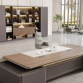 Modern Office Desk with Wooden Top Metal Accents Laptop Bookcase Decor and Large Windows