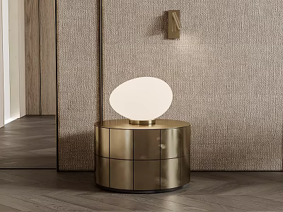 Modern Gold Cylindrical Bedside Table With Round White Lamp And Textured Wall 3d model