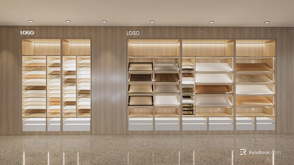 Modern Wooden Display Shelves In Retail Shop With Multiple Layers And LOGO Panel 3d model 