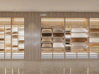 Modern Wooden Display Shelves In Retail Shop With Multiple Layers And LOGO Panel 3d model