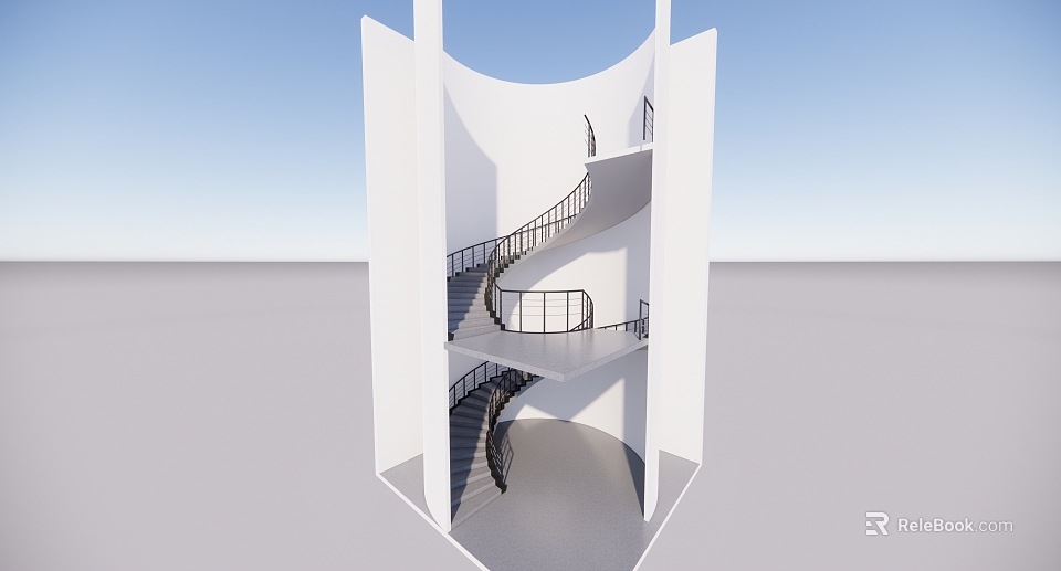 Modern Spiral Staircase With White Structure Black Railings And Natural Light In Minimalist Space 3d model 