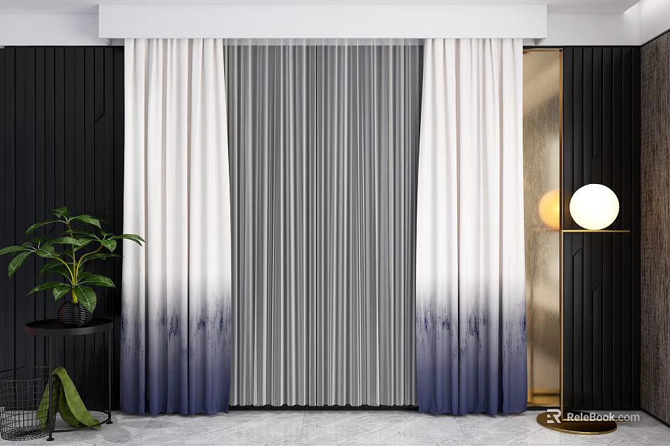 Gradient Color Curtains In Modern Interior With Sheer Layers Floor Lamp And Green Plant 3d model 