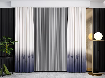 Gradient Color Curtains In Modern Interior With Sheer Layers Floor Lamp And Green Plant 3d model