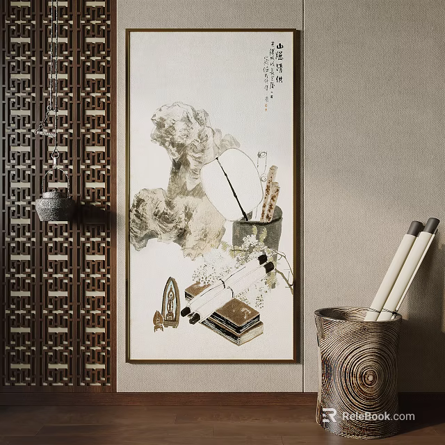 Traditional Chinese Interior Decor With Carved Screen Painting Brushes And Scrolls 3d model 