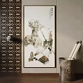 Traditional Chinese Interior Decor With Carved Screen Painting Brushes And Scrolls