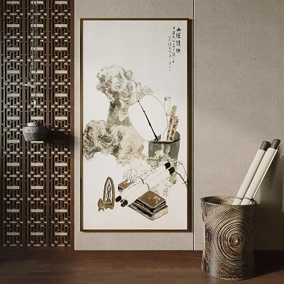 Traditional Chinese Interior Decor With Carved Screen Painting Brushes And Scrolls 3d model
