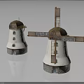 Decorative Windmill Model Equipment With Wooden Blades Straw Roof White Body And Stone Base