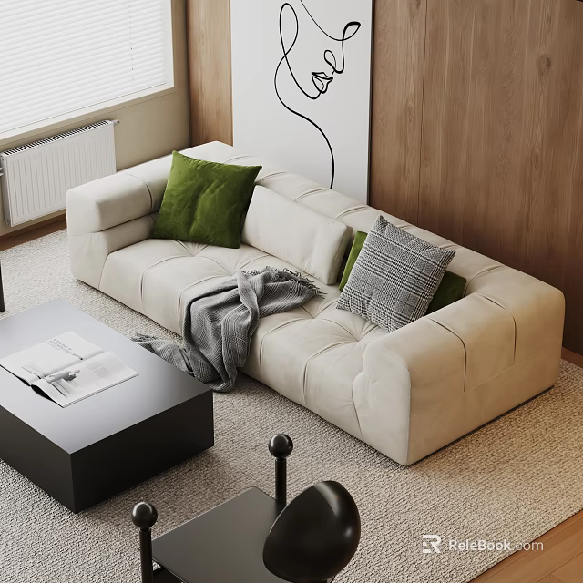 Modern Beige Sofa and Coffee Table Set with Green Gray Cushions Throw Blanket Black Table 3d model 