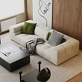 Modern Beige Sofa and Coffee Table Set with Green Gray Cushions Throw Blanket Black Table