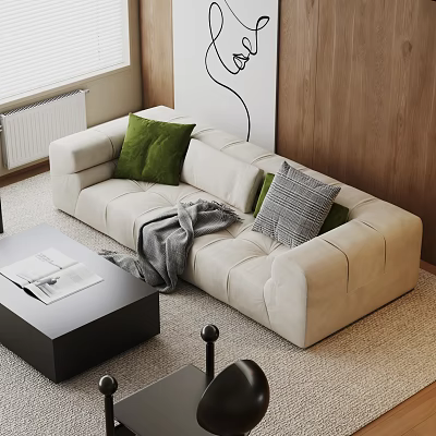 Modern Beige Sofa and Coffee Table Set with Green Gray Cushions Throw Blanket Black Table 3d model
