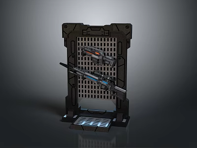 Two Guns Mounted on Black Grid Design Weapon Rack With Blue Glowing Panels 3d model