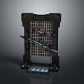 Two Guns Mounted on Black Grid Design Weapon Rack With Blue Glowing Panels