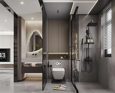 Modern Bathroom Interior With Smart Toilet Glass Shower Enclosure Double Vanity And Round Mirror 3d model