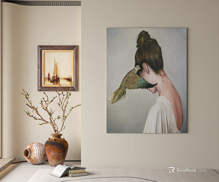 Elegant Home Interior With Female Portrait Wall Art Vase And Branches 3d model 