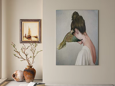 Elegant Home Interior With Female Portrait Wall Art Vase And Branches 3d model