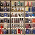 Various Wine Bottles and Glasses Neatly Arranged on Multi Layer Shelves 3d model