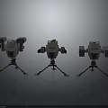 Three Futuristic Mechanical Robots With Tripod Legs And Tech Equipment Design 3d model