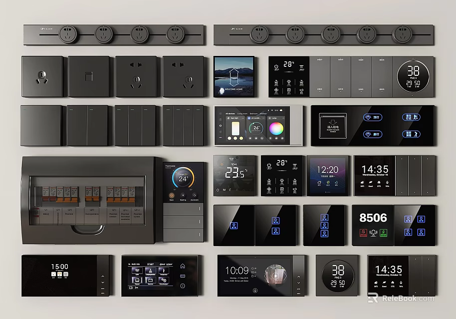 Sleek Black Modern Switch Panels Featuring Digital Screens And Smart Control Functions 3d model 