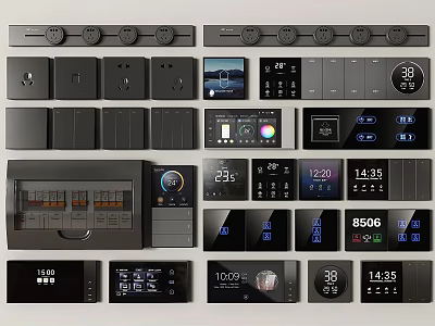 Sleek Black Modern Switch Panels Featuring Digital Screens And Smart Control Functions 3d model