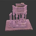 Intricately Carved Hexagonal Decorative Structure With Lion Statue On Red Base Detailed Sculptures And Columns