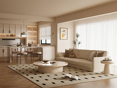 Modern Minimalist Living Dining Room With Sofa Coffee Table Rug 3d model