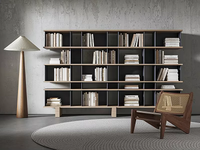 Modern Open Bookshelf With Stacked Books Floor Lamp And Reading Chair In Minimal Interior 3d model