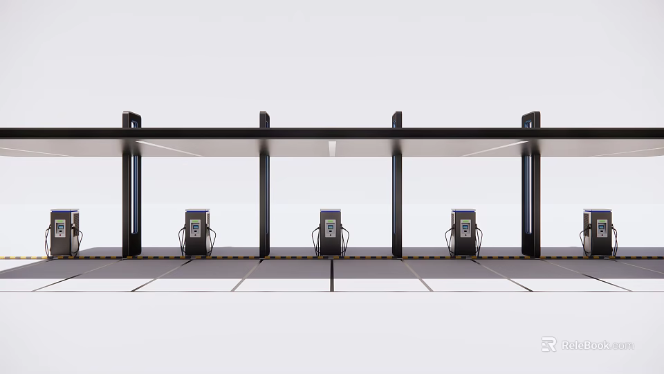 Electric Vehicle Charging Station With Multiple Charging Piles And Canopy Structure 3d model 