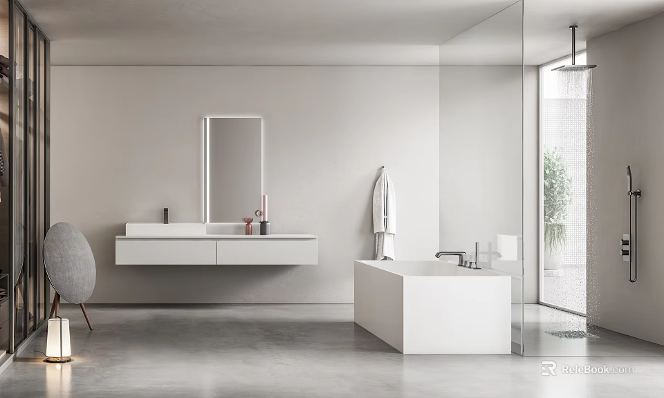 Modern Minimalist Bathroom Interior With White Vanity Mirror Bathtub And Glass Shower On Gray Floor 3d model 