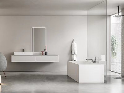Modern Minimalist Bathroom Interior With White Vanity Mirror Bathtub And Glass Shower On Gray Floor 3d model