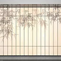 Minimalist Light Background Wall with Vertical Slats and Dark Bamboo Leaf Patterns 3d model
