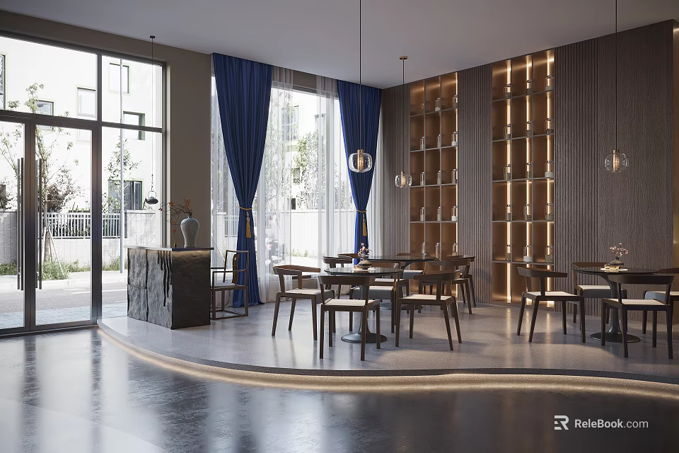 Modern Restaurant Interior With Wooden Shelves Blue Curtains Hanging Lights And Dining Tables Chairs 3d model 