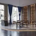 Modern Restaurant Interior With Wooden Shelves Blue Curtains Hanging Lights And Dining Tables Chairs