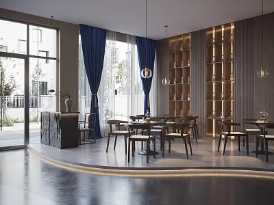 Modern Restaurant Interior With Wooden Shelves Blue Curtains Hanging Lights And Dining Tables Chairs 3d model
