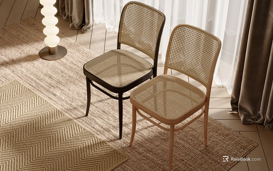 Two Stylish Rattan Leisure Chairs in Cozy Indoor with Woven Rug Floor Lamp and Curtains 3d model 