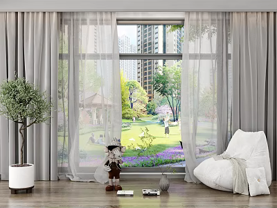Gray Curtain With Sheer Layer For Living Room With Park View And Bean Bag Chair 3d model