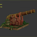 Vintage Historical Weapon Cannon With Red Barrel Wooden Base Ropes And Cannonballs
