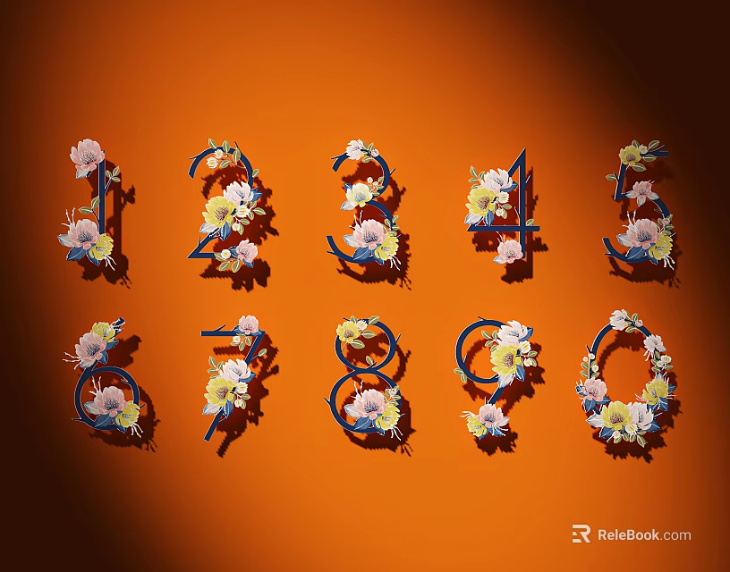 Creative Decorative Digits One to Zero Adorned with Flowers and Blue Frames on Orange Background 3d model