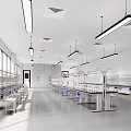Spacious Modern Laboratory Interior With Long Tables White Walls Hanging Lights And Ventilation Systems