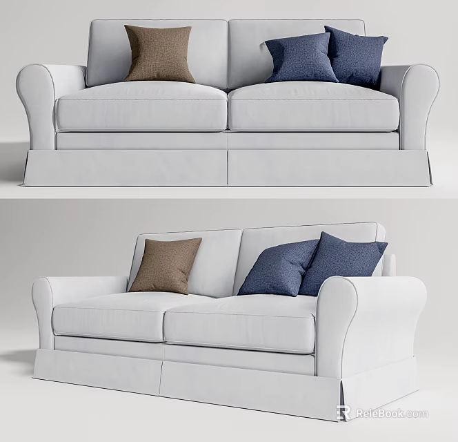 Modern White Two-Seater Sofa with Brown and Blue Decorative Cushions 3d model