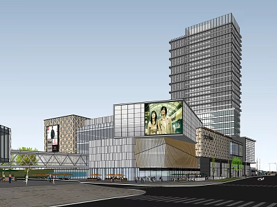 Modern Commercial Complex Architecture With Glass Curtain Walls Large Billboards Tower Plaza And Pedestrian Greenery 3d model