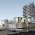Modern Commercial Complex Architecture With Glass Curtain Walls Large Billboards Tower Plaza And Pedestrian Greenery