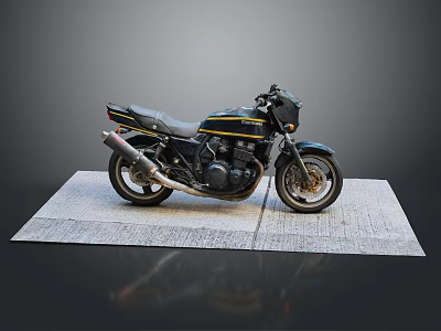 Black and Yellow Striped Motorcycle Parked on Gray Mat with Dark Background 3d model