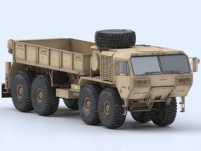 Beige Military Truck with Multiple Large Tires Open Cargo Bed and Spare Tire on Top 3d model