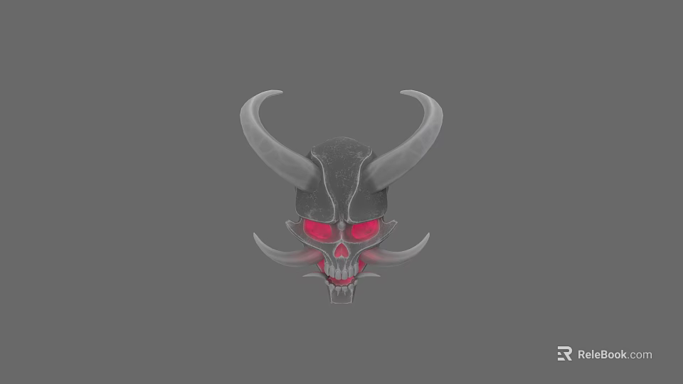 Three Dimensional Demon Skull Sculpture with Large Horns Red Eyes Tusks Gray Tone Carved Artwork 3d model 
