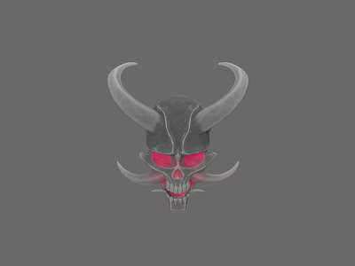 Three Dimensional Demon Skull Sculpture with Large Horns Red Eyes Tusks Gray Tone Carved Artwork 3d model