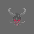 Three Dimensional Demon Skull Sculpture with Large Horns Red Eyes Tusks Gray Tone Carved Artwork