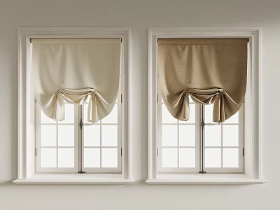 Pleated Beige Curtains on Two Windows with White Frames and Elegant Drapes 3d model