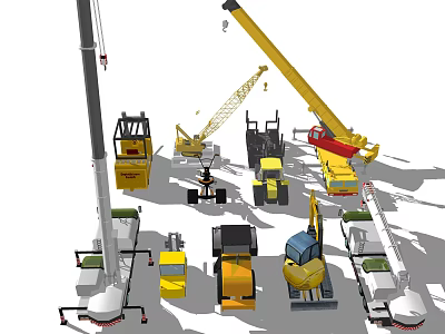 Various Types of Construction Utility Vehicles Including Cranes Loaders and Mixers 3d model
