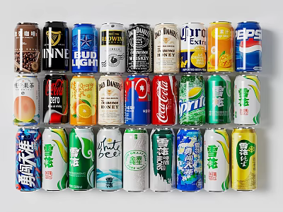 Assorted Colorful Beverage Cans Collection With Various Brands And Flavors Stacked Together 3d model